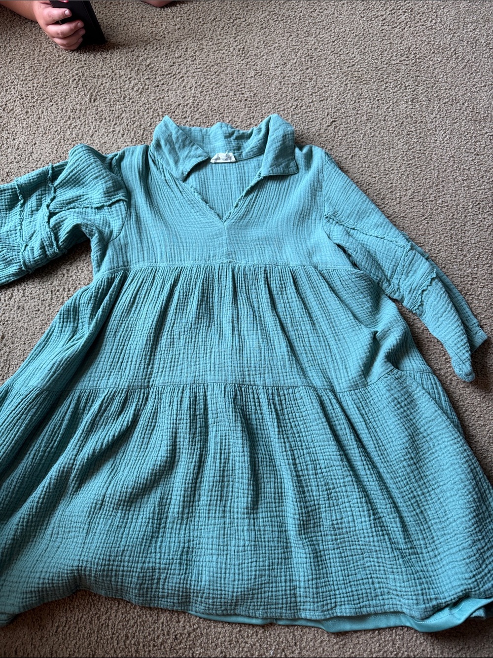 Long Sleeve Tiered Cotton Gauze Dress in Teal size Large